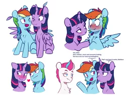 Size: 6000x4500 | Tagged: safe, artist:chub-wub, derpibooru import, rainbow dash, twilight sparkle, twilight sparkle (alicorn), zipp storm, alicorn, pegasus, pony, g5, blushing, chest fluff, fangs, feather in hair, female, heart, high res, hoof on chest, hug, image, implied magical lesbian spawn, implied offspring, jpeg, lesbian, lidded eyes, looking at each other, mare, one eye closed, open mouth, shipping, simple background, sitting, smiling, spread wings, twidash, wavy mouth, white background, wingboner, winghug, wings
