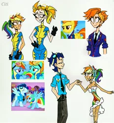 Size: 2472x2662 | Tagged: safe, artist:citi, derpibooru import, screencap, lightning dust, rainbow dash, soarin', spitfire, human, clothes, dress, height difference, humanized, image, jpeg, scene interpretation, screencap reference, uniform, wonderbolt trainee uniform