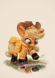 Size: 850x1200 | Tagged: safe, artist:assasinmonkey, derpibooru import, applejack, earth pony, pony, clothes, cute, image, jackabetes, png, raincoat, silly, silly pony, smiling, solo, who's a silly pony