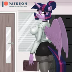 Size: 900x900 | Tagged: suggestive, artist:kevinsano, derpibooru import, twilight sparkle, twilight sparkle (alicorn), alicorn, anthro, pony, book, breasts, busty twilight sparkle, clothes, door, female, glasses, image, looking at you, looking back, looking back at you, mare, pantyhose, patreon, patreon logo, png, skirt, socks, solo, solo female, teacher, thigh highs