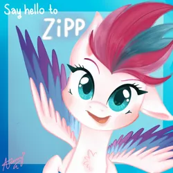 Size: 2048x2048 | Tagged: safe, artist:mlpclovertheclever, derpibooru import, zipp storm, pegasus, pony, abstract background, adorazipp, chest fluff, cute, female, floppy ears, g5, high res, image, jpeg, looking at you, mare, open mouth, signature, solo, spread wings, text, wings