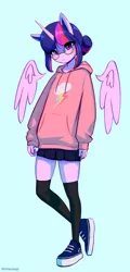 Size: 1500x3114 | Tagged: safe, artist:mrscroup, derpibooru import, twilight sparkle, alicorn, anthro, alternate hairstyle, clothes, cute, floating wings, glasses, hoodie, image, implied lesbian, implied shipping, implied twidash, jpeg, kneesocks, rainbow dash's cutie mark, shoes, sneakers, socks, twiabetes, twilight sparkle (alicorn), wings