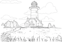 Size: 3626x2460 | Tagged: safe, derpibooru import, g5, black and white, cloud, coloring page, grayscale, image, lighthouse, maretime bay, monochrome, no pony, official, png, simple background, white background