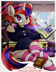 Size: 2695x3500 | Tagged: safe, artist:canvymamamoo, derpibooru import, moondancer, twilight sparkle, pony, semi-anthro, unicorn, :3, :p, book, bookshelf, breasts, clothes, ear fluff, female, glasses, holding, image, jpeg, lamp, looking at you, mare, plushie, predictions and prophecies, sitting, smiling, socks, solo, striped socks, sweater, tongue out, underwear, unicorn twilight