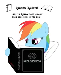 Size: 545x676 | Tagged: artist needed, safe, derpibooru import, rainbow dash, book, image, necronomicon, pentagram, pillow, png, reading, solo