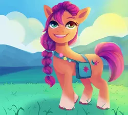 Size: 5004x4500 | Tagged: safe, artist:saphypone, derpibooru import, sunny starscout, earth pony, pony, absurd resolution, bag, braid, cloud, coat markings, cute, female, g5, grass, image, looking at you, mare, mountain, open mouth, png, signature, sky, socks (coat marking), solo, sunnybetes, unshorn fetlocks