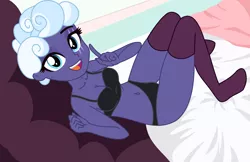 Size: 2460x1592 | Tagged: suggestive, artist:mcjojo, artist:yaya54320bases, derpibooru import, rolling thunder, equestria girls, base used, bed, bedroom, belly button, black underwear, blanket, bra, breasts, clothes, commission, equestria girls-ified, eye scar, female, image, open mouth, panties, pillow, png, scar, socks, solo, solo female, stocking feet, stockings, thigh highs, underwear, ych result