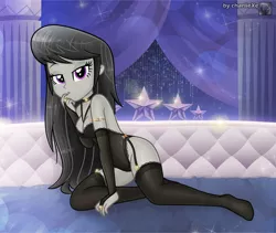 Size: 1154x974 | Tagged: suggestive, artist:charliexe, derpibooru import, octavia melody, equestria girls, bed, bedroom eyes, black underwear, clothes, female, image, jewelry, jpeg, lingerie, looking at you, maiden, ring, solo, solo female, stupid sexy octavia, tongue out, underwear