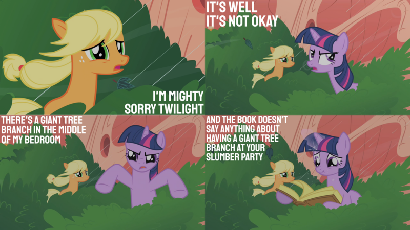 Size: 1280x720 | Tagged: safe, derpibooru import, edit, edited screencap, editor:quoterific, screencap, applejack, twilight sparkle, earth pony, pony, unicorn, look before you sleep, season 1, book, duo, duo female, female, glowing horn, golden oaks library, hatless, horn, image, library, magic, magic aura, mare, missing accessory, open mouth, png, rain, solo, tree, unicorn twilight, wet, wet mane, wind