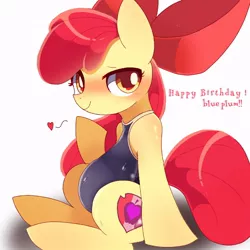 Size: 768x768 | Tagged: safe, artist:erufi, derpibooru import, apple bloom, earth pony, pony, blushing, clothes, female, filly, floating heart, happy birthday, heart, image, jpeg, looking at you, offscreen character, one-piece swimsuit, pov, solo, swimsuit