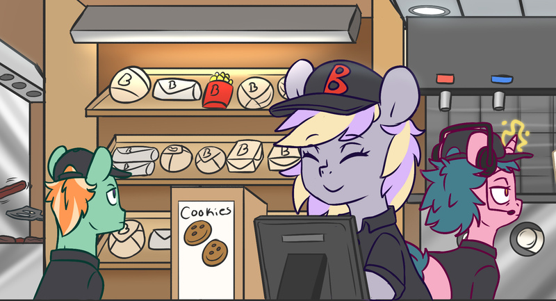 Size: 1906x1032 | Tagged: safe, alternate version, artist:chub-wub, derpibooru import, oc, unnamed oc, unofficial characters only, earth pony, pony, unicorn, burger, cash register, clothes, drink, eyes closed, fast food, female, food, french fries, glowing horn, hat, headset, horn, image, jpeg, magic, male, mare, soda, stallion, trio, uniform