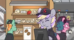 Size: 1906x1032 | Tagged: safe, alternate version, artist:chub-wub, derpibooru import, oc, unnamed oc, unofficial characters only, earth pony, pony, unicorn, burger, cash register, clothes, drink, eyes closed, fast food, female, food, french fries, glowing horn, hat, headset, horn, image, jpeg, magic, male, mare, soda, stallion, trio, uniform