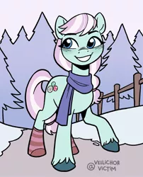 Size: 1653x2048 | Tagged: safe, artist:robin easter, derpibooru import, minty, earth pony, pony, clothes, female, fence, forest, image, jpeg, mare, ponies in socks, scarf, snow, socks, solo, tree, unshorn fetlocks