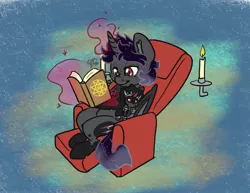 Size: 2475x1913 | Tagged: safe, artist:leadhooves, derpibooru import, king sombra, oc, unofficial characters only, alicorn, pony, unicorn, armchair, bat wings, book, commission, ethereal mane, freckles, image, jpeg, levitation, magic, male, plushie, reading, sitting, solo, stallion, telekinesis, wings