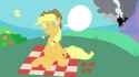 Size: 125x70 | Tagged: safe, derpibooru import, applejack, earth pony, pony, canterlot castle, image, jpeg, picnic, picture for breezies, solo, speech bubble