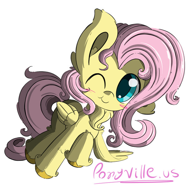 Size: 2600x2500 | Tagged: safe, artist:hisp, derpibooru import, fluttershy, fluffy pony, pegasus, pony, adorable face, blushing, cute, image, jpeg, leaning on something, long hair, one eye closed, simple background, url, wink