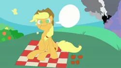 Size: 3264x1836 | Tagged: artist needed, safe, derpibooru import, applejack, earth pony, canterlot, fixed, image, jpeg, picnic, speech bubble