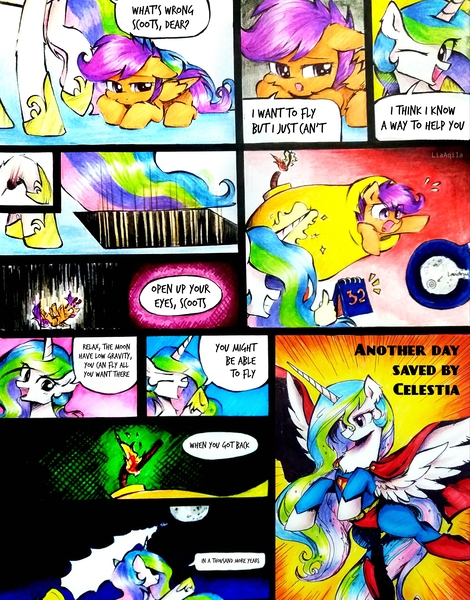 Size: 2733x3490 | Tagged: safe, artist:liaaqila, derpibooru import, princess celestia, scootaloo, alicorn, pegasus, pony, cannon, comic, cute, image, jpeg, match, pony cannonball, scootaloo can't fly, thumbs up, to the moon, trapdoor, trollestia