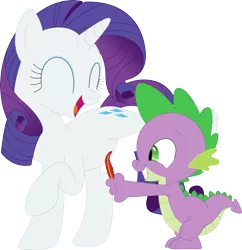 Size: 3429x3544 | Tagged: safe, artist:porygon2z, derpibooru import, rarity, spike, dragon, pony, unicorn, belly tickling, duo, eyes closed, feather, female, grin, high res, image, laughing, male, mare, open mouth, open smile, png, sharp teeth, shipping, simple background, smiling, sparity, standing on two hooves, straight, teeth, tickling, transparent background, vector