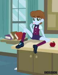 Size: 2550x3300 | Tagged: safe, artist:excelso36, derpibooru import, oc, oc:blue bonnet, unofficial characters only, human, equestria girls, apple, bowtie, classroom, clothes, crystal prep academy uniform, food, image, jpeg, kid, school uniform, shorts, sock, solo