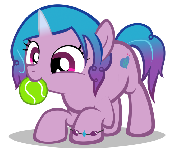 Size: 1940x1720 | Tagged: safe, artist:strategypony, derpibooru import, izzy moonbow, pony, unicorn, ball, behaving like a dog, bracelet, cute, female, filly, foal, g5, image, izzy's tennis ball, izzybetes, jewelry, nom, png, simple background, tennis ball, that pony sure does love tennis balls, transparent background