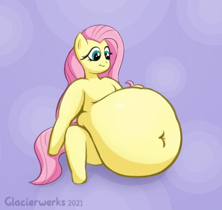 Size: 439x416 | Tagged: suggestive, artist:glacierwerks, derpibooru import, fluttershy, pony, belly, belly button, fat, fattershy, image, png, sitting, solo