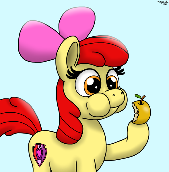 Size: 2325x2367 | Tagged: safe, artist:darkyboode32, derpibooru import, apple bloom, earth pony, pony, apple, apple bloom's bow, bow, cutie mark, eating, female, filly, food, golden apple, hair bow, image, png, simple background, solo, the cmc's cutie marks, video game reference