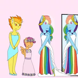 Size: 2048x2048 | Tagged: safe, artist:mintymelody, derpibooru import, rainbow dash, scootaloo, spitfire, anthro, clothes, dress, image, implied shipping, implied soarindash, implied straight, png, veil, wedding dress