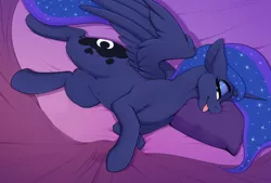 Size: 3100x2100 | Tagged: safe, anonymous editor, artist:bluebender, edit, princess luna, alicorn, pony, art pack:five-legged mares, bed, bedroom eyes, female, image, laying on bed, lying down, mare, on bed, penis, pillow, png, sfw edit, solo, spread wings, tongue out, wings