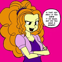 Size: 2652x2648 | Tagged: suggestive, artist:nairdags, derpibooru import, edit, adagio dazzle, equestria girls, breasts, cleavage, colored, crossed arms, dialogue, female, femdom, gray background, image, implied erection, monochrome, offscreen character, open mouth, png, simple background, solo, solo female, speech bubble, teasing