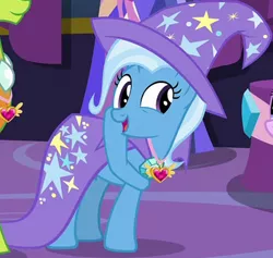 Size: 610x578 | Tagged: safe, derpibooru import, screencap, starlight glimmer, thorax, trixie, changedling, changeling, pony, unicorn, celestial advice, season 7, cape, clothes, cropped, equestrian pink heart of courage, female, hat, image, king thorax, mare, offscreen character, png, solo focus, trixie's cape, trixie's hat