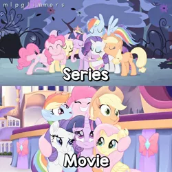 Size: 1080x1080 | Tagged: safe, derpibooru import, edit, edited screencap, editor:mlpglimmers, screencap, applejack, fluttershy, pinkie pie, rainbow dash, rarity, spike, twilight sparkle, twilight sparkle (alicorn), alicorn, dragon, earth pony, pegasus, pony, unicorn, my little pony: the movie, princess twilight sparkle (episode), season 4, ^^, applejack's hat, big crown thingy, canterlot castle, cowboy hat, element of generosity, element of honesty, element of kindness, element of laughter, element of loyalty, element of magic, elements of harmony, eyes closed, female, flying, group hug, hat, hug, image, jewelry, jpeg, male, mane seven, mane six, mare, open mouth, regalia, smiling, we got this together