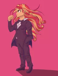 Size: 1972x2579 | Tagged: safe, artist:fatjelyfish, derpibooru import, sunset shimmer, equestria girls, bowtie, button, clothes, collar, cute, determined, dress shirt, eye shimmer, eyelashes, hand in pocket, image, png, pocket, red background, shadow, shimmerbetes, simple background, solo, suit, teeth, tuxedo, windswept hair