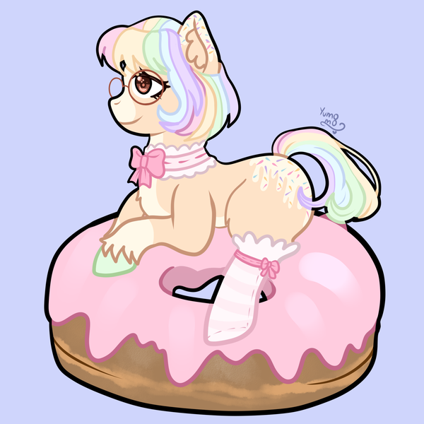 Size: 2000x2000 | Tagged: safe, artist:yumomochan, derpibooru import, pony, bow, clothes, collar, donut, female, food, fullbody, glasses, image, lying down, mare, pastel, pastel colors, png, smiling, socks