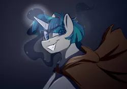 Size: 1100x774 | Tagged: safe, artist:crimmharmony, derpibooru import, stygian, pony, unicorn, eye clipping through hair, eyebrows, eyebrows visible through hair, glowing horn, grin, horn, image, jpeg, looking at you, magic, magic aura, male, smiling, smiling at you, solo, stallion