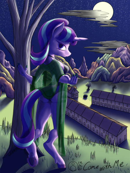 Size: 1125x1500 | Tagged: suggestive, artist:sepiakeys, derpibooru import, starlight glimmer, anthro, unicorn, breasts, butt, clothes, commission, glimmer glutes, image, lidded eyes, looking at you, moon, night, nightgown, our town, plot, png, see-through, solo