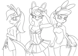 Size: 1800x1289 | Tagged: suggestive, artist:sepiakeys, derpibooru import, daisy, flower wishes, lily, lily valley, roseluck, anthro, bimbo, bunny ears, bunny suit, clothes, dress, flower trio, image, leotard, lipstick, miniskirt, monochrome, png, skirt