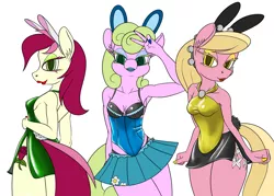 Size: 1800x1289 | Tagged: suggestive, alternate version, artist:sepiakeys, derpibooru import, daisy, flower wishes, lily, lily valley, roseluck, anthro, bimbo, bunny ears, bunny suit, clothes, flower trio, image, leotard, lipstick, miniskirt, png, skirt