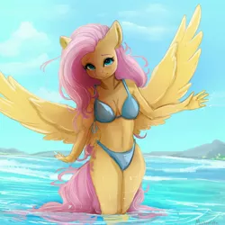 Size: 4000x4000 | Tagged: safe, artist:miokomata, derpibooru import, fluttershy, anthro, pegasus, beach, bikini, breasts, busty fluttershy, cleavage, clothes, freckles, freckleshy, image, jpeg, looking at you, solo, spread wings, swimsuit, water, wings