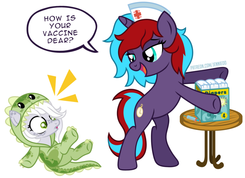 Size: 5237x3808 | Tagged: safe, artist:jennieoo, derpibooru import, oc, oc:charming dazz, oc:fossil fluster, earth pony, pony, unicorn, age regression, clothes, costume, diaper, diaper package, image, kigurumi, nurse, onesie, png, simple background, transparent background, vaccination