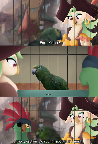 Size: 1393x2048 | Tagged: safe, artist:biocrine, derpibooru import, captain celaeno, mullet (character), parrot pirates, my little pony: the movie, comic, image, pirate, png, the amazing world of gumball