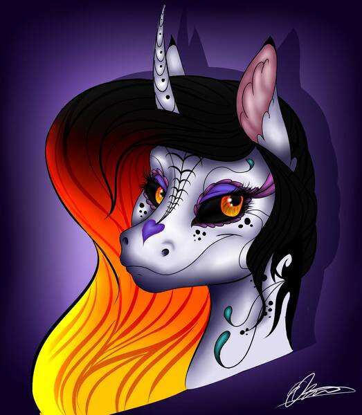 Size: 1194x1370 | Tagged: safe, artist:eperyton, derpibooru import, oc, unofficial characters only, pony, unicorn, curved horn, ear fluff, gradient background, horn, image, jpeg, makeup, signature, smiling, solo, tattoo, unicorn oc