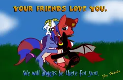 Size: 1187x779 | Tagged: safe, artist:ryusuta, derpibooru import, oc, ponified, bat pony, earth pony, pony, bat pony oc, bat wings, cloud, crying, earth pony oc, hat, horns, hug, image, male, medic, outdoors, png, smiling, stallion, team fortress 2, tears of joy, wings