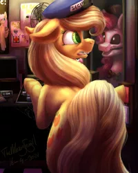 Size: 4000x5000 | Tagged: safe, artist:themessyfangirl, derpibooru import, applejack, pinkie pie, earth pony, pony, absurd resolution, animatronic, crossover, duo, five nights at freddy's, hat, image, png, security guard