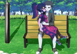 Size: 4093x2894 | Tagged: suggestive, artist:the-dark-mangaka, derpibooru import, rumble, sci-twi, twilight sparkle, equestria girls, age progression, bench, butt touch, full color, glasses, hand on butt, image, park, png, streetlight, twirumble