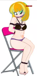 Size: 429x865 | Tagged: suggestive, artist:shafiqhafizi70, derpibooru import, copper top, human, equestria girls, arm behind back, bikini, bondage, bound and gagged, chair, cleave gag, clothes, gag, humanized, image, picture, png, swimsuit, tied to chair, tied up, toe tied, toes
