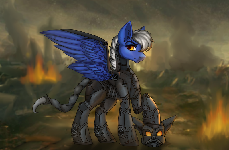 Size: 2106x1383 | Tagged: safe, artist:ondrea, derpibooru import, oc, oc:maverick, pegasus, pony, fallout equestria, armor, blue, disaster, enclave, enclave armor, image, male, png, power armor, solo, stallion