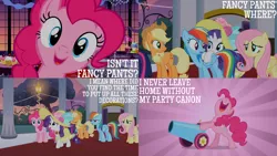 Size: 1280x720 | Tagged: safe, derpibooru import, edit, edited screencap, editor:quoterific, screencap, applejack, fluttershy, pinkie pie, rainbow dash, rarity, twilight sparkle, earth pony, pegasus, pony, unicorn, season 2, sweet and elite, applejack's hat, bipedal, cowboy hat, eyes closed, female, hat, image, mane six, mare, nose in the air, offscreen character, open mouth, party cannon, png, unicorn twilight, volumetric mouth