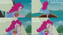 Size: 1280x720 | Tagged: safe, derpibooru import, edit, edited screencap, editor:quoterific, screencap, pinkie pie, human, equestria girls, equestria girls series, the salty sails, beach, boat, cape, clothes, female, image, jpeg, lifejacket, one-piece swimsuit, open mouth, ship, solo, superhero, swimsuit