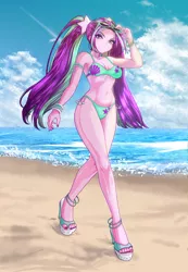 Size: 3312x4800 | Tagged: suggestive, artist:rileyav, edit, editor:drtoughlove, aria blaze, equestria girls, anklet, armlet, beach, beach babe, belly button, bikini, bikini babe, bracelet, breasts, busty aria blaze, cleavage, clothes, curvy, disguise, disguised siren, eyelashes, eyeshadow, female, hair tie, high heels, high res, hourglass figure, image, jewelry, legs, lips, long hair, looking at you, makeup, midriff, nail polish, ocean, outdoors, pigtails, png, sand, sandals, shoes, slit eyes, solo, solo female, stupid sexy aria blaze, sunglasses, sunglasses on head, swimsuit, thighs, toenail polish, twintails